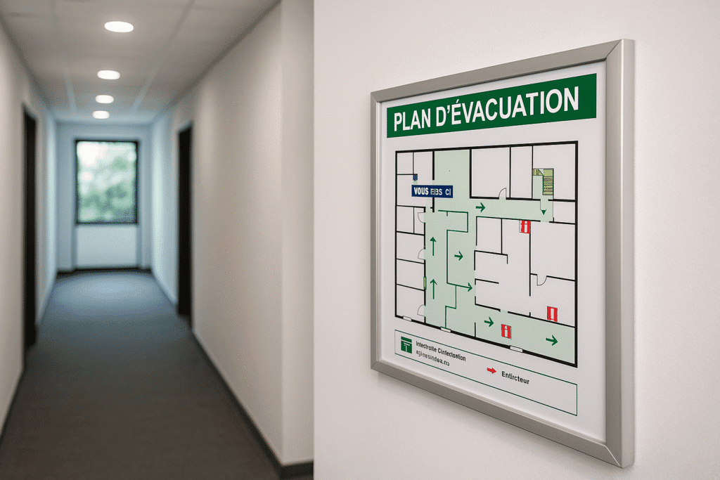 Plan d’évacuation incendie photoluminescent installé en couloir