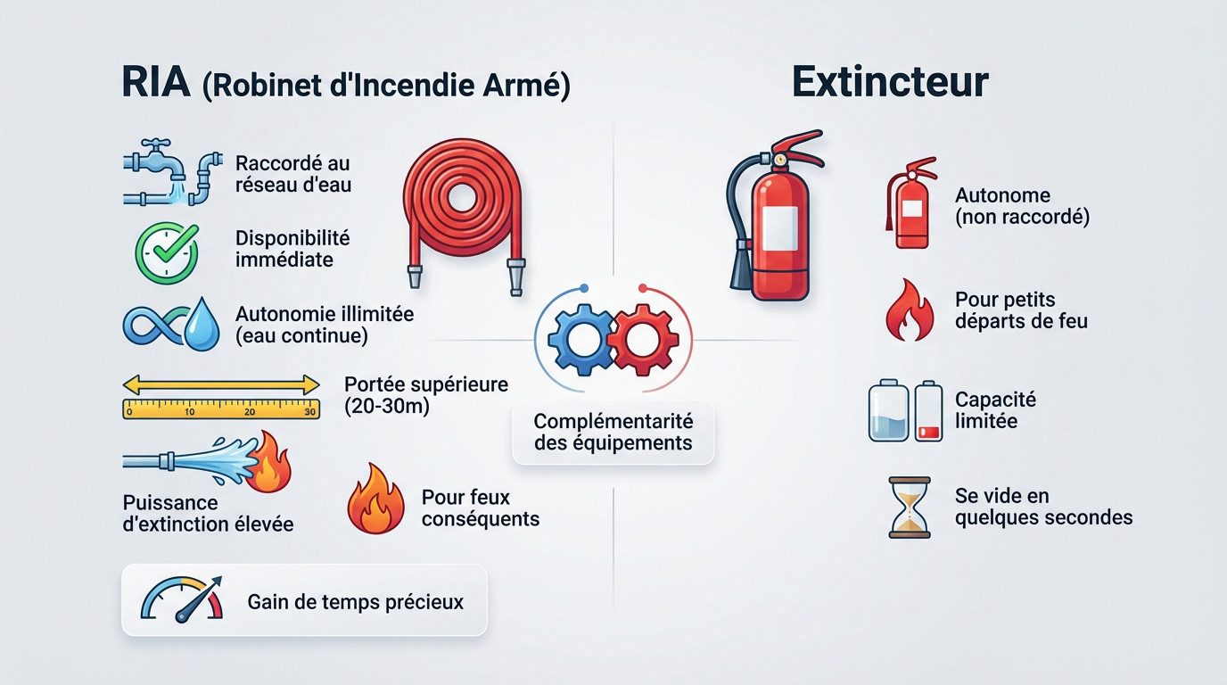 RIA Valence : installation et maintenance incendie 1 Schéma comparatif entre un RIA et un extincteur montrant la portée et l'autonomie