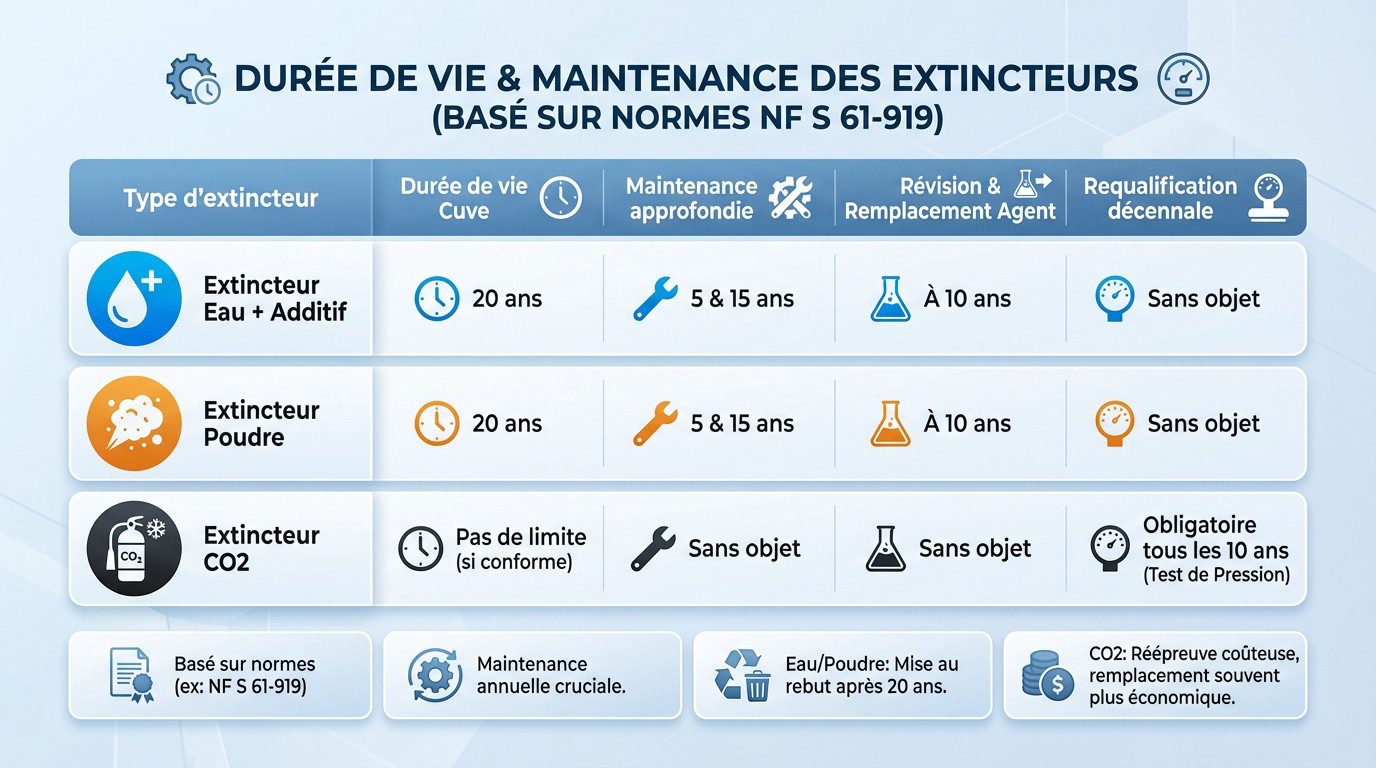 Tableau récapitulatif durée de vie et maintenance des extincteurs selon la norme NF S 61-919