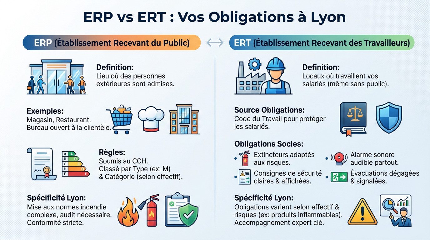 Schéma explicatif différenciant les obligations sécurité incendie entre ERP et ERT à Lyon