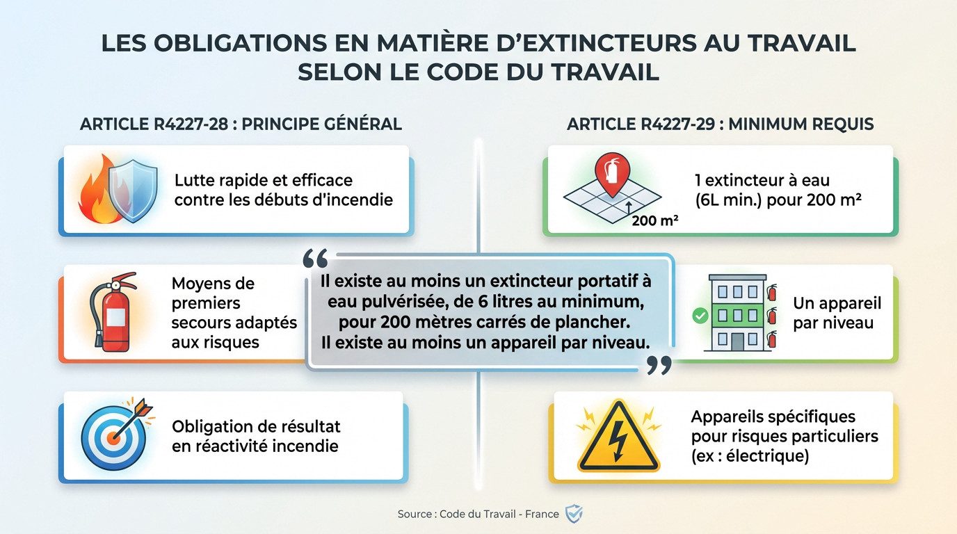 Extincteur rouge accroché au mur dans un couloir d'entreprise conforme aux obligations du Code du travail