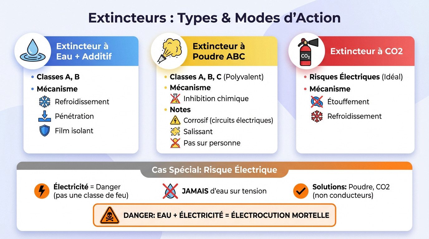 Classification extincteur : quel équipement pour quel feu ? 2 Schéma explicatif des types d'extincteurs et leurs modes d'action sur le feu