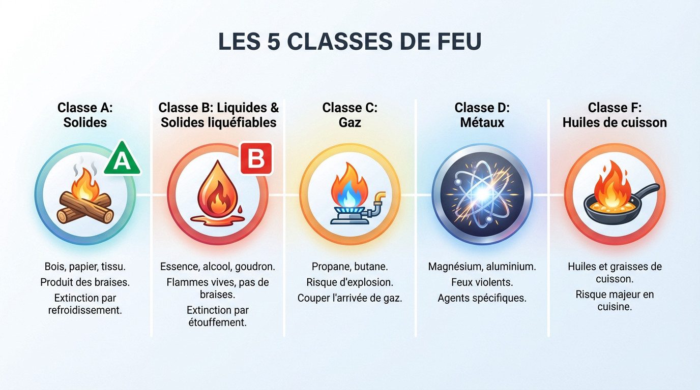Classification extincteur : quel équipement pour quel feu ? 1 Infographie détaillée illustrant les 5 classes de feu A, B, C, D et F avec leurs pictogrammes respectifs