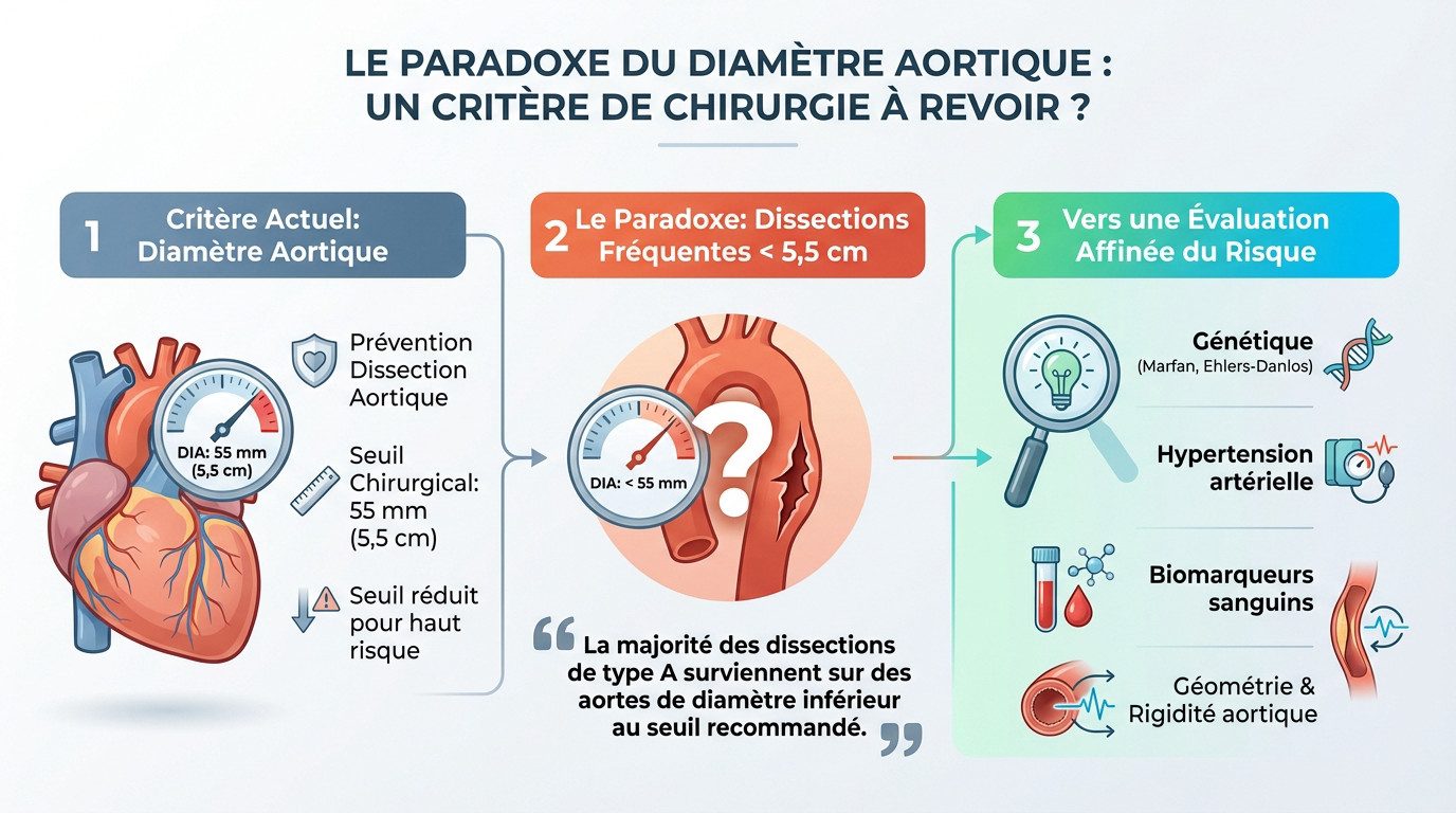 Schéma médical illustrant une aorte ascendante et les zones de mesure du diamètre pour l'évaluation du risque