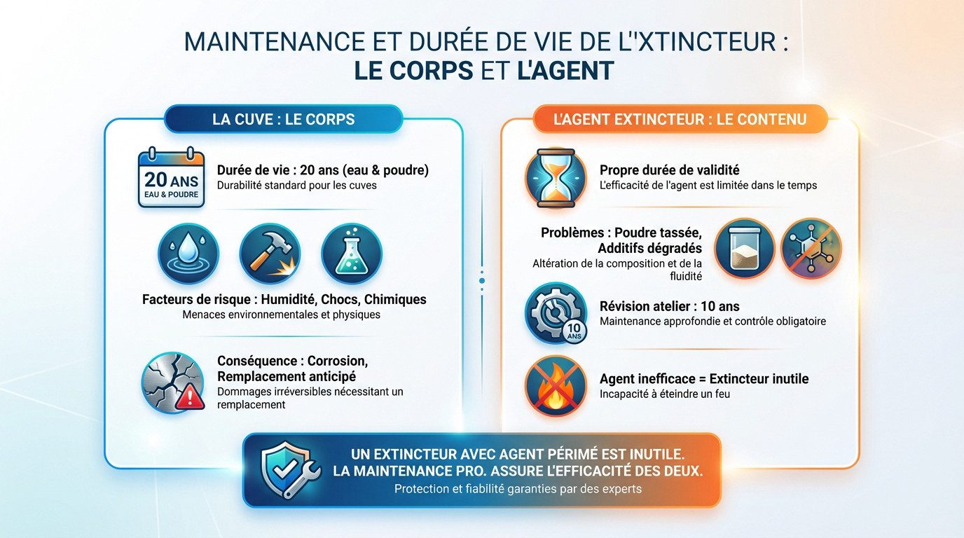 Schéma détaillant la durée de vie de la cuve et de l'agent extincteur