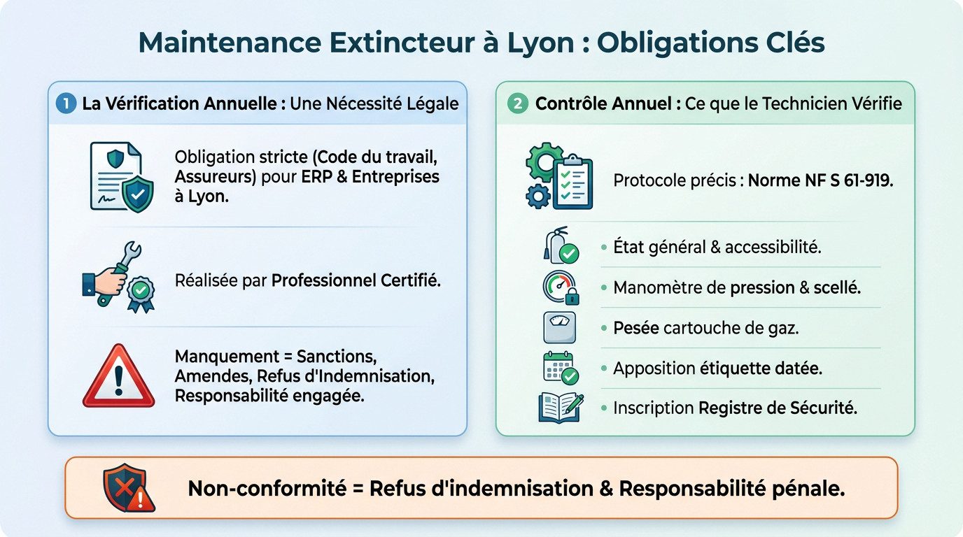 Maintenance extincteur Lyon : obligations et tarifs 2025 1 Technicien effectuant la maintenance d'un extincteur à Lyon selon les obligations légales