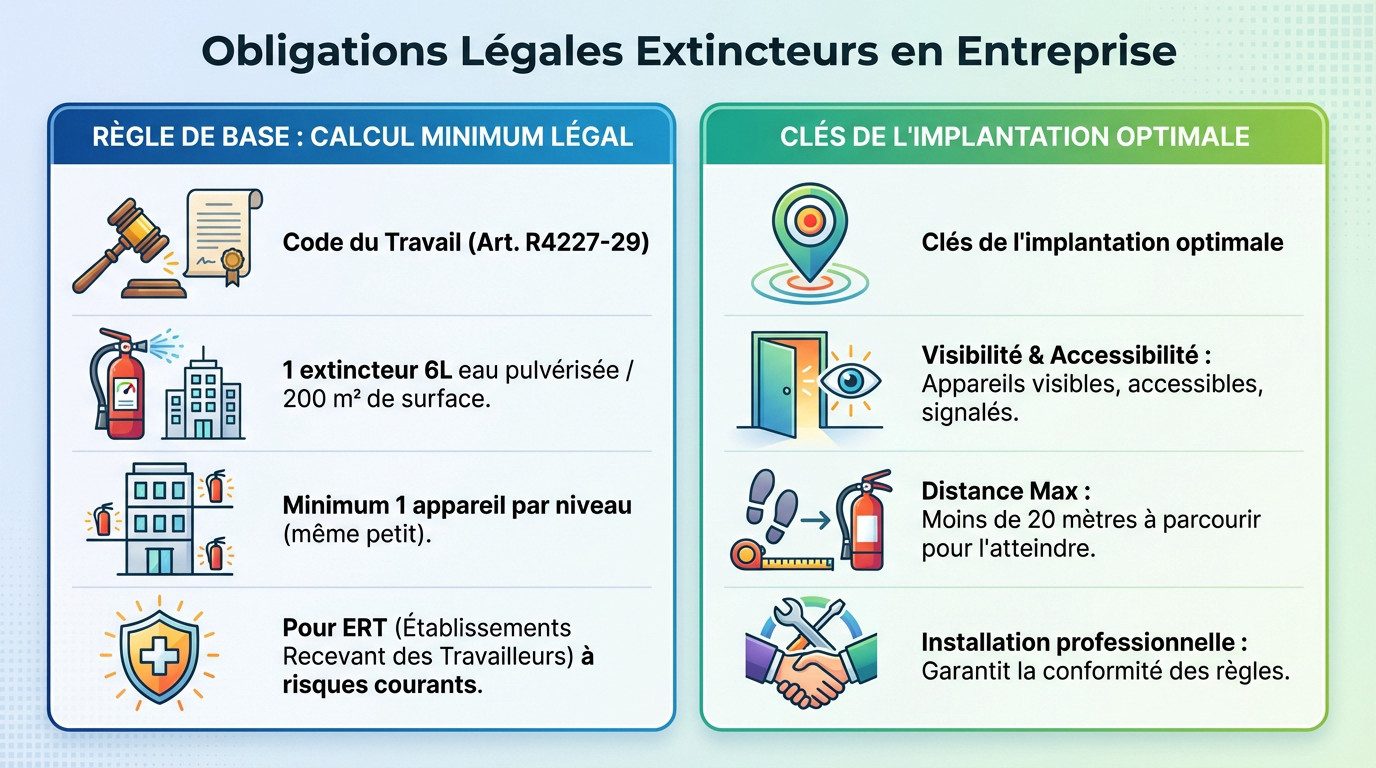 Schéma explicatif des obligations légales pour le nombre d'extincteurs en entreprise