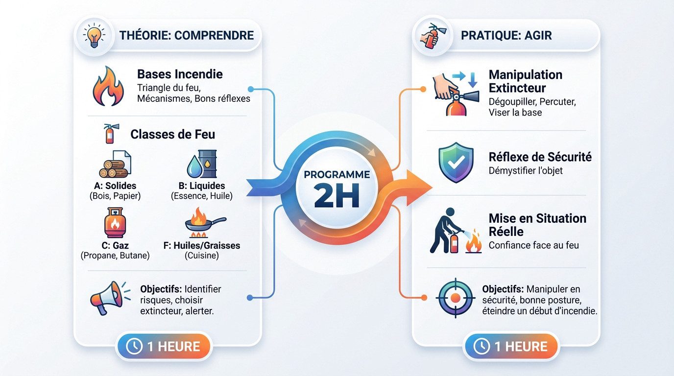 Participants en formation incendie apprenant à manipuler un extincteur sur un bac à feu