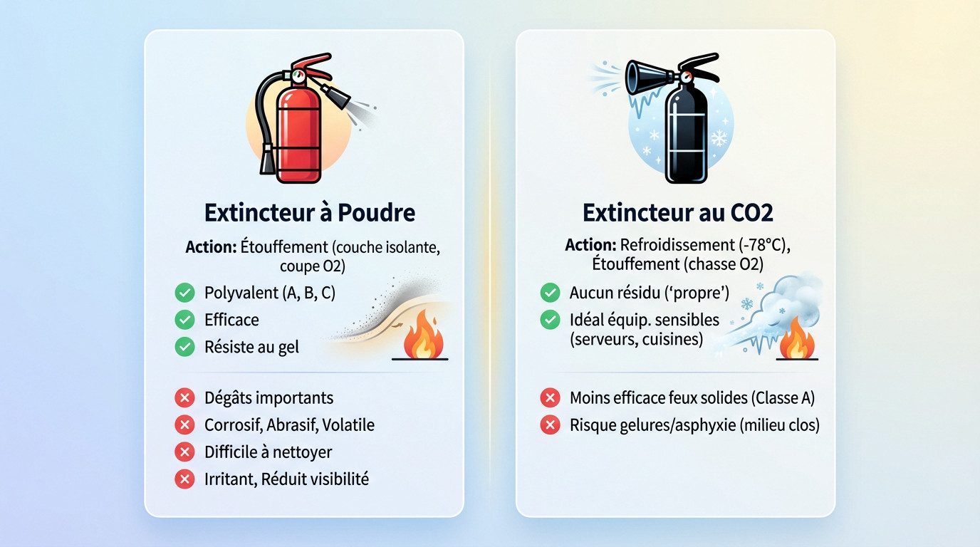 Comparaison visuelle entre un extincteur à poudre et un extincteur au CO2 pour aider au choix en entreprise