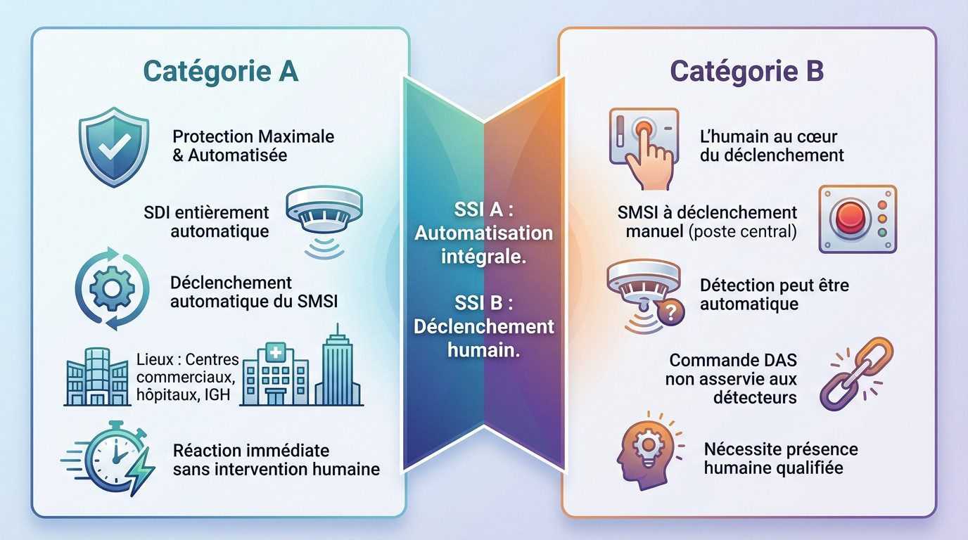 Schéma comparatif entre un SSI de catégorie A automatisé et un SSI de catégorie B manuel