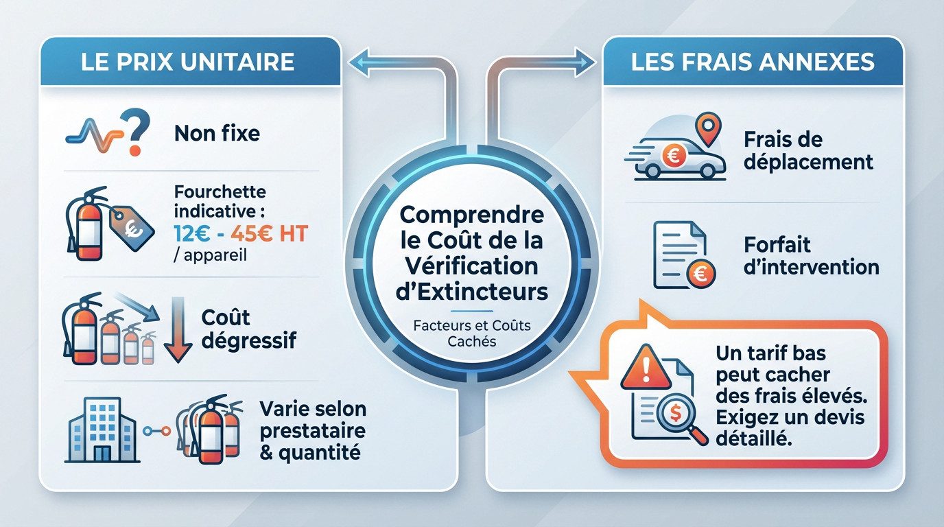 Schéma explicatif des coûts de vérification d'extincteur : prix unitaire et frais annexes