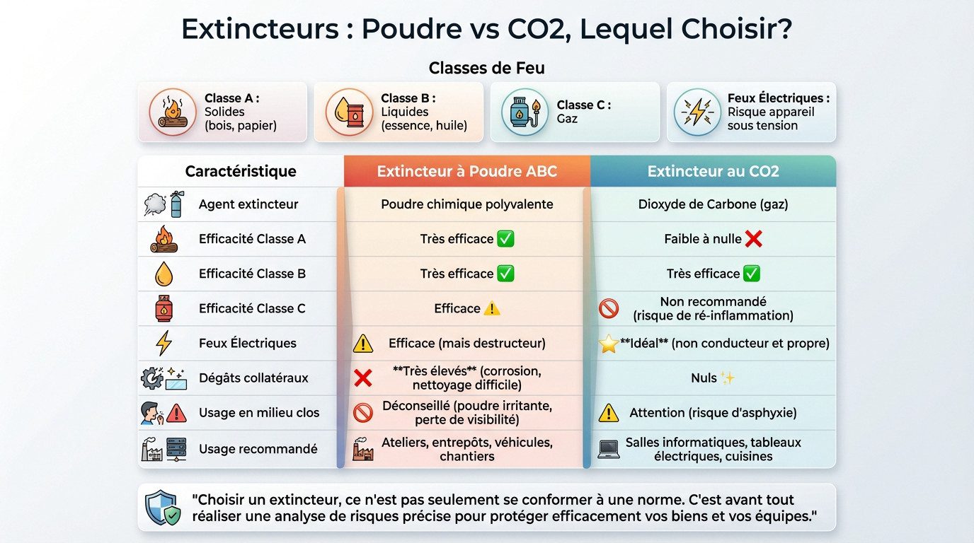 Comparaison visuelle entre un extincteur à poudre et un extincteur au CO2
