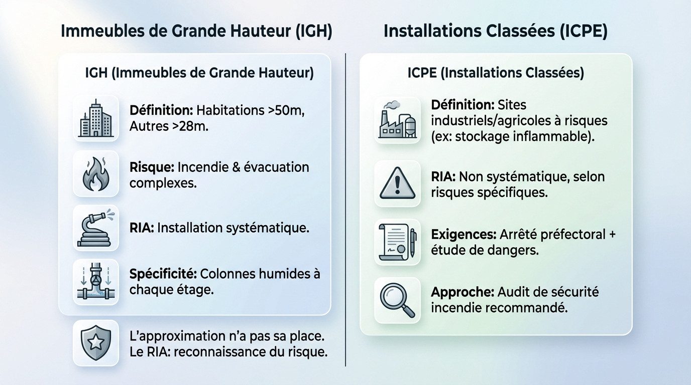 Schéma comparatif des exigences de sécurité incendie pour les IGH et les ICPE