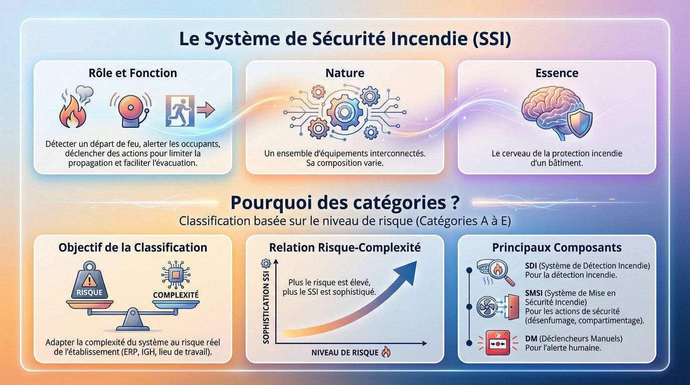 Schéma explicatif des composants d'un Système de Sécurité Incendie (SSI) incluant détection et mise en sécurité
