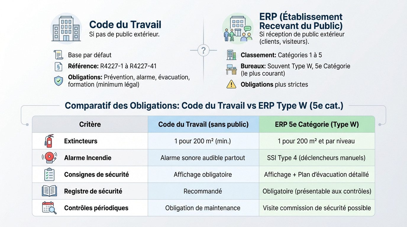 Tableau comparatif des obligations incendie entre Code du Travail et ERP type W
