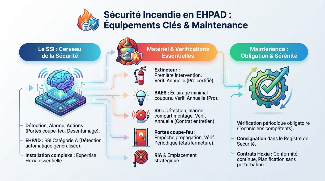 Schéma des équipements de sécurité incendie obligatoires en EHPAD incluant extincteurs et SSI