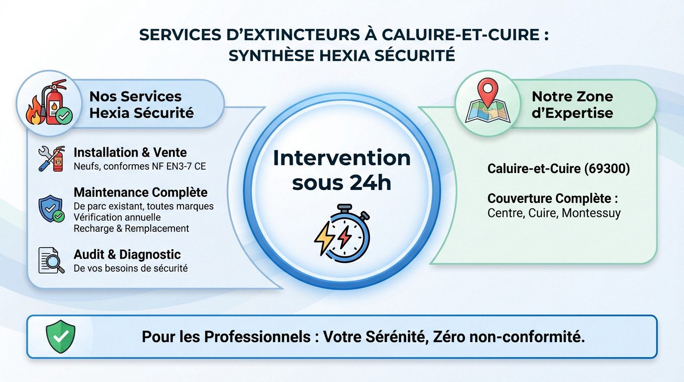 Technicien HEXIA réalisant une maintenance d'extincteur à Caluire-et-Cuire