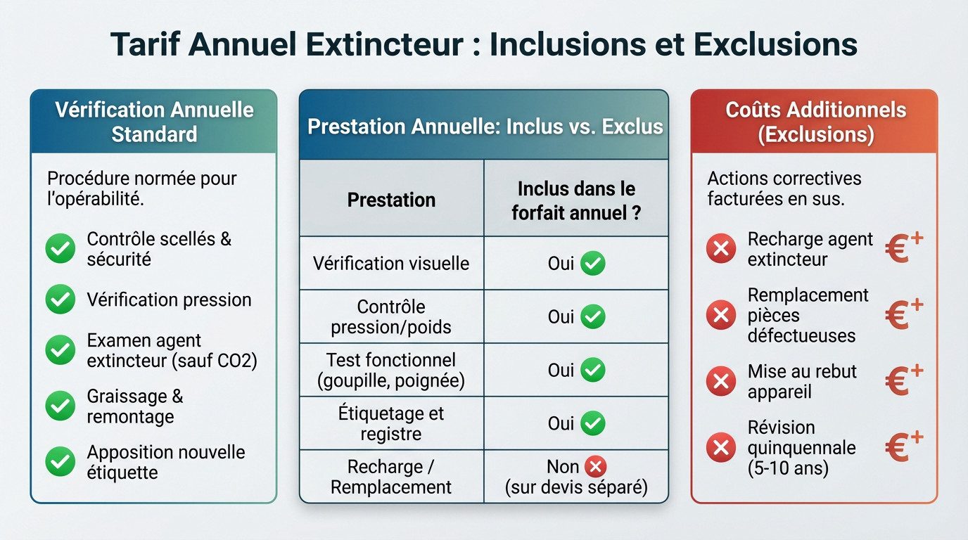 Détail des inclusions et exclusions dans le tarif annuel de vérification d'extincteur