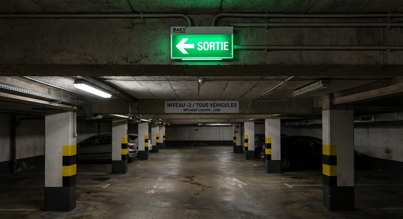 BAES allume en permanence parking souterrain signalisation sortie