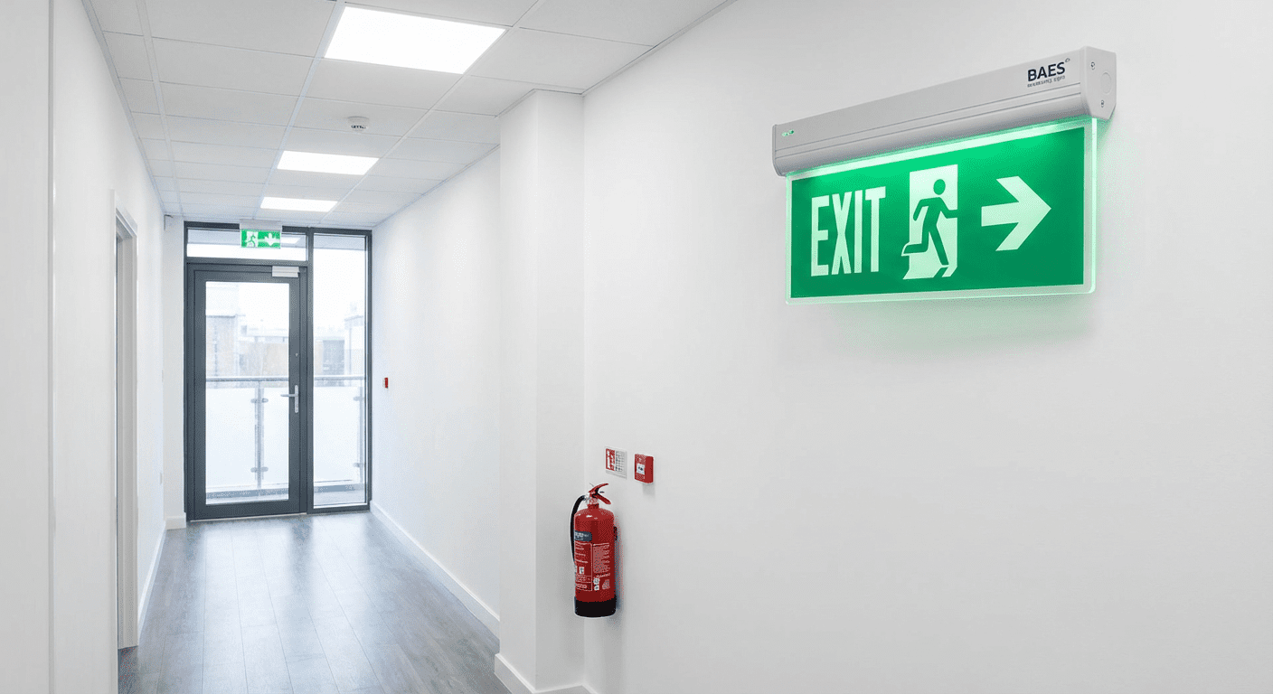 BAES installe au-dessus porte sortie secours couloir entreprise
