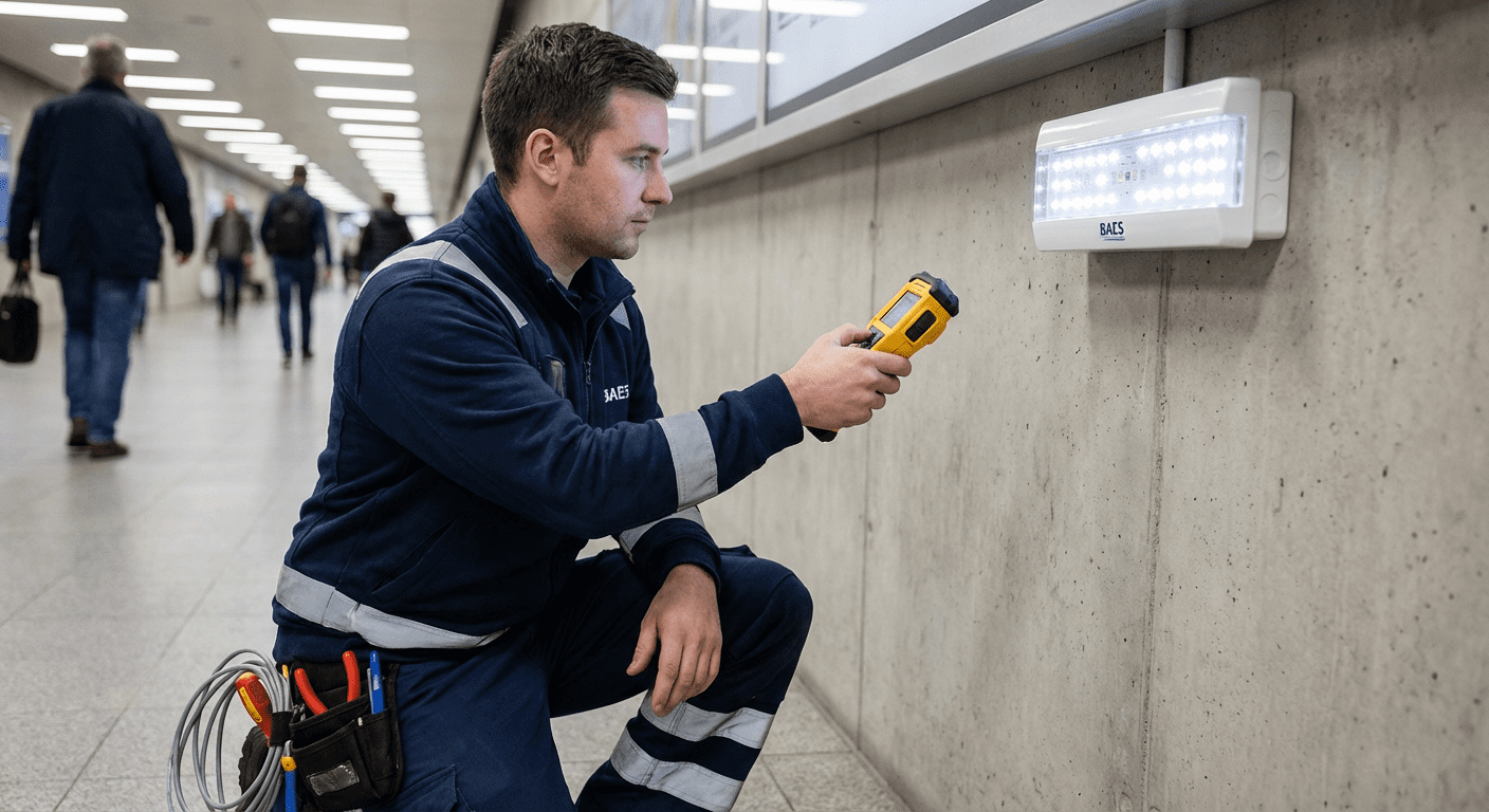 Technicien testant un BAES avec telecommande dans un ERP