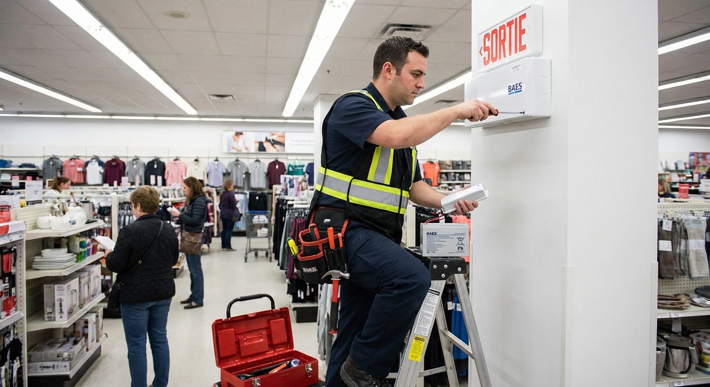 Technicien remplacant batterie BAES sur echelle commerce