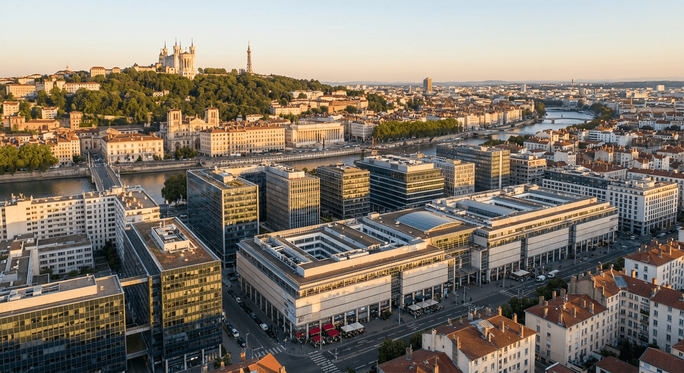 Vue aerienne de Lyon avec batiments ERP commerciaux et basilique de Fourviere