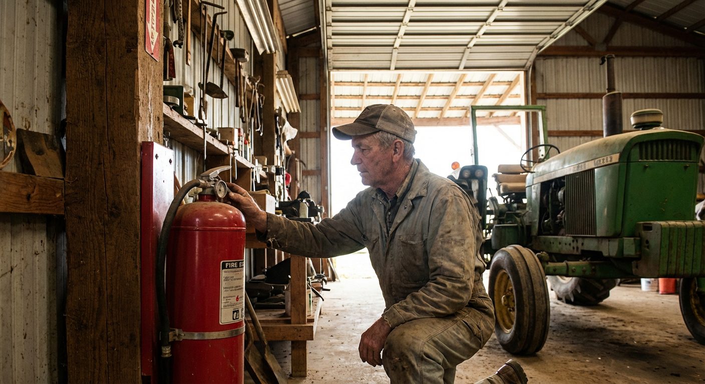 Agriculteur vérifiant un extincteur dans son atelier agricole près d'un tracteur