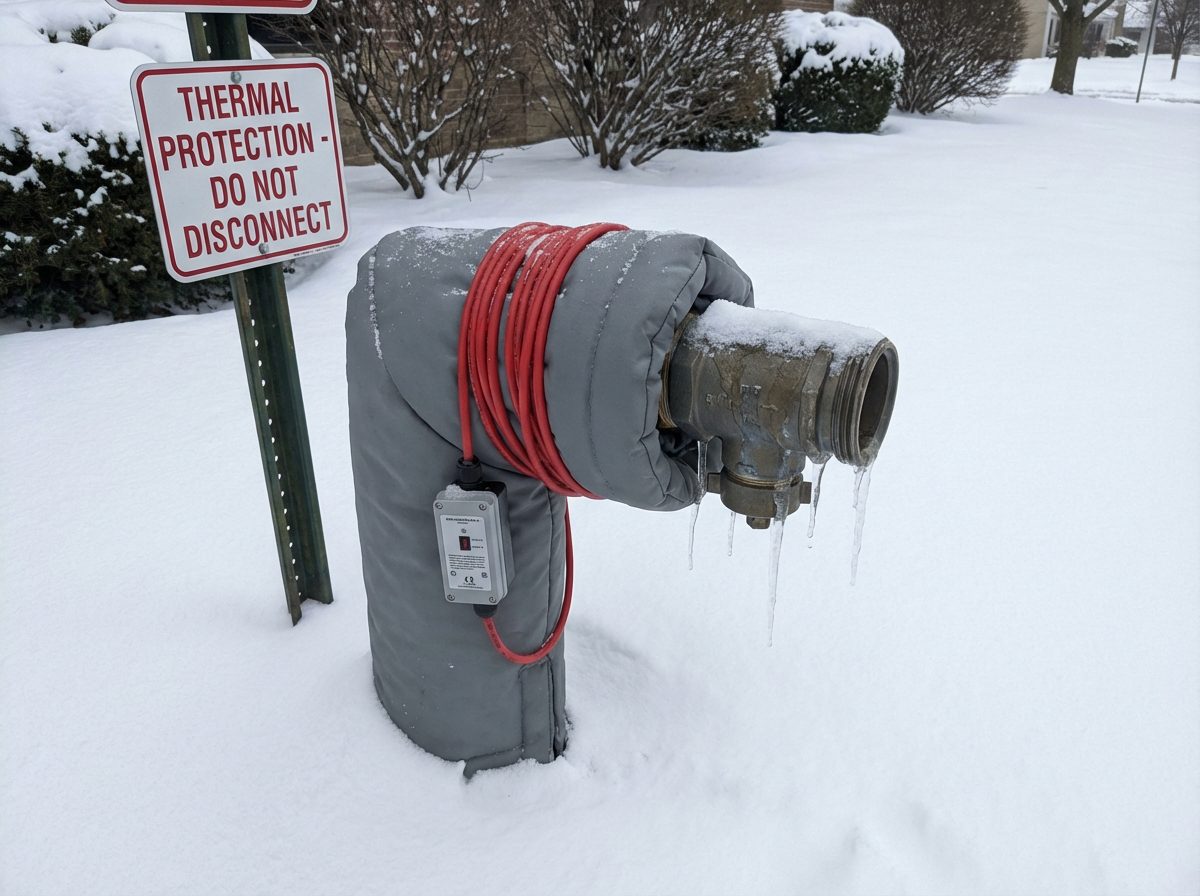 Systeme de protection antigel installe sur un poteau incendie exterieur en hiver