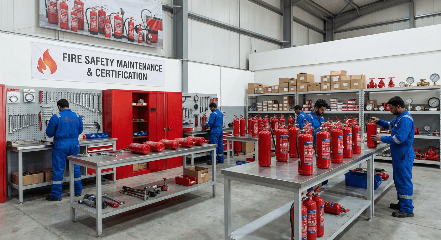 Atelier de révision et maintenance extincteurs avec équipements spécialisés