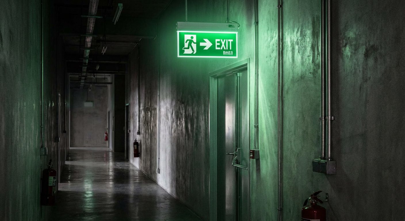 Pictogramme BAES LED eclairant un couloir sombre