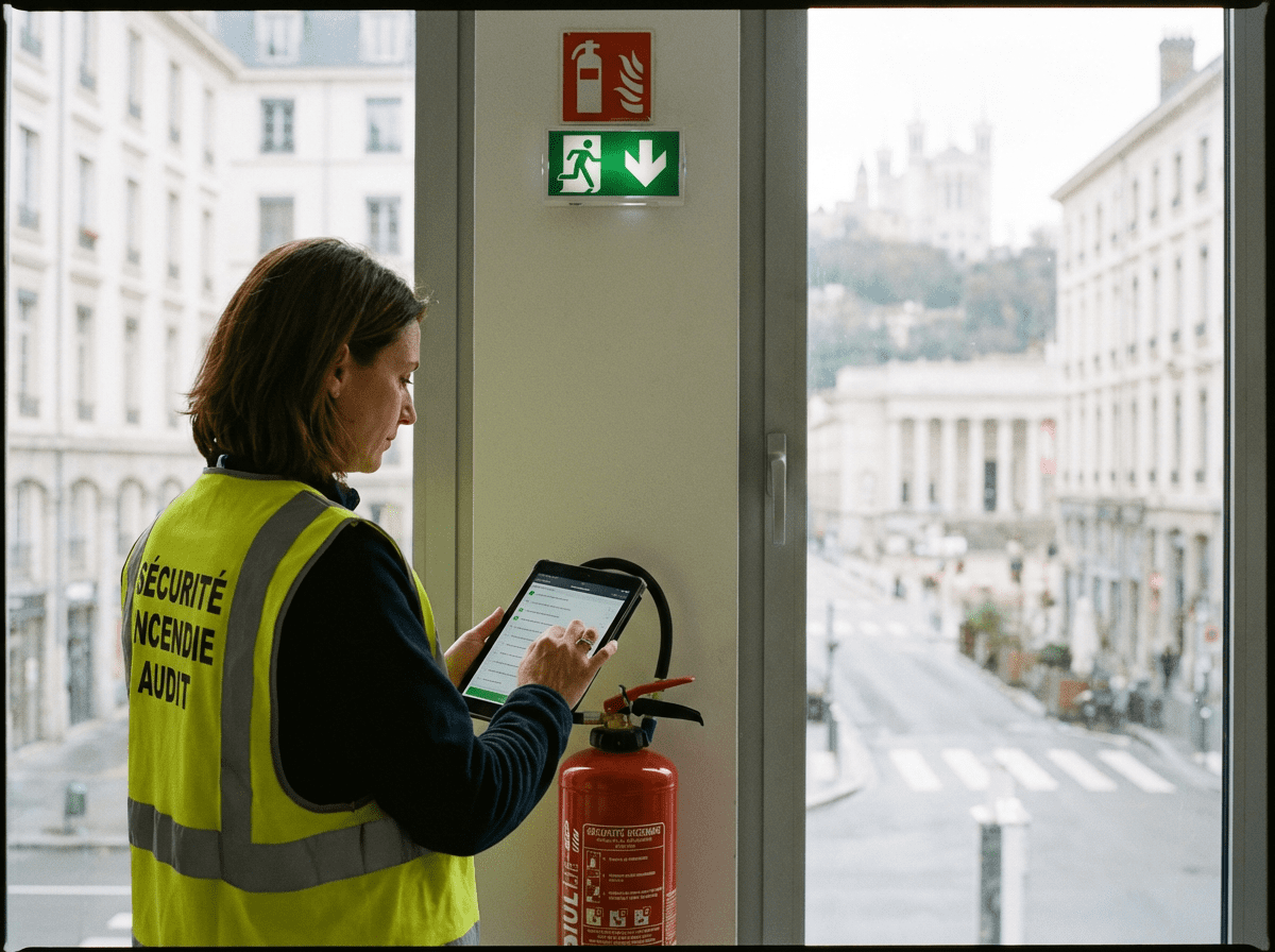 Technicien realisant un audit securite incendie dans un ERP a Lyon avec tablette numerique