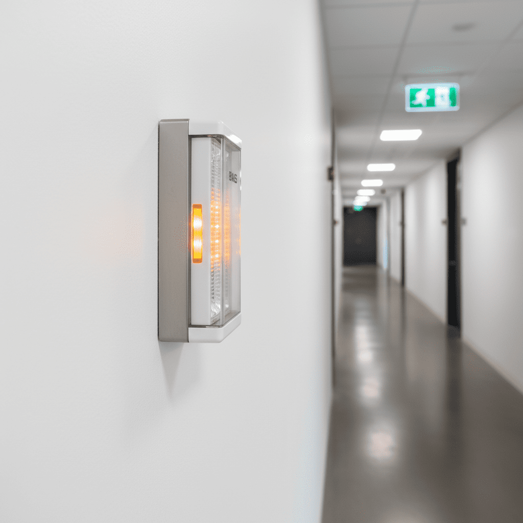 BAES avec voyant orange fixe sur mur de couloir