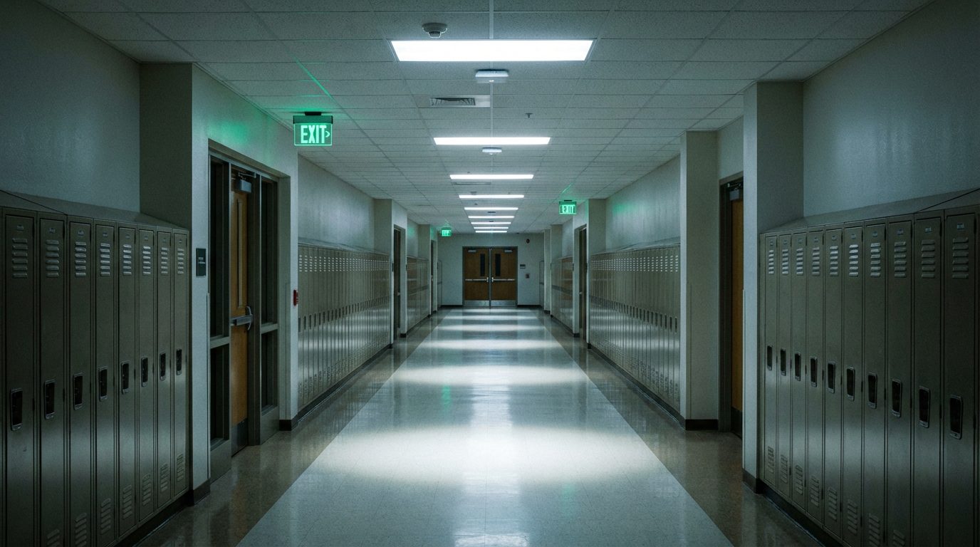 BAES eclairage urgence dans un couloir ecole avec pictogrammes evacuation verts