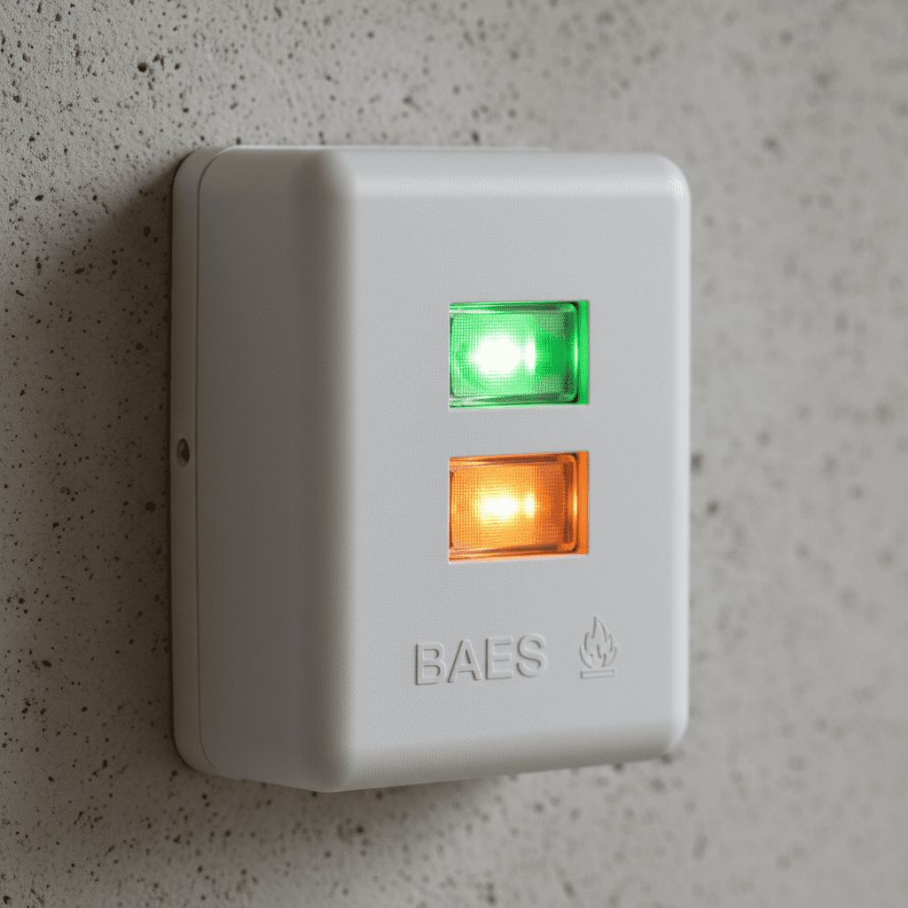 BAES voyant orange fixe : causes, diagnostic et solutions 2 Gros plan sur un bloc BAES et ses voyants LED de statut