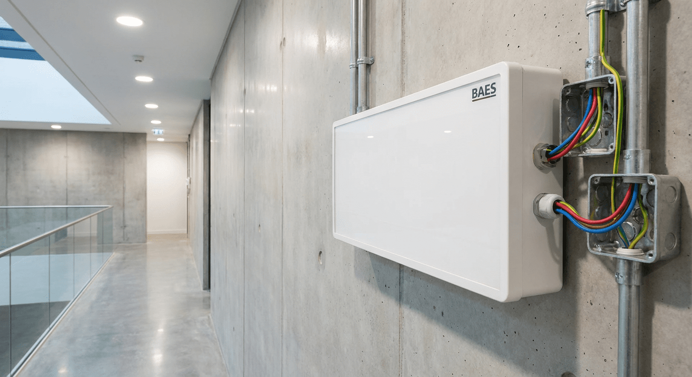 Bloc BAES installé avec câblage visible dans un couloir