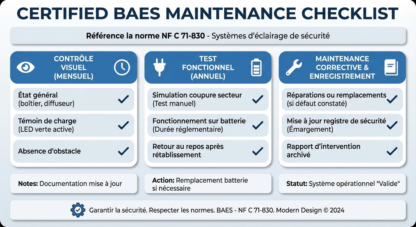 Infographie checklist de maintenance BAES selon la norme NF C 71-830