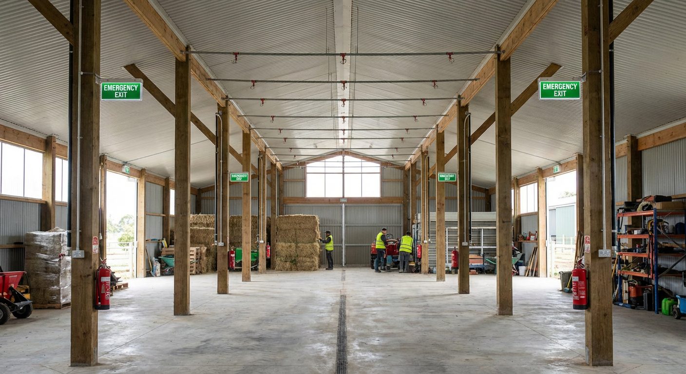 Bâtiment agricole équipé de matériel de sécurité incendie : extincteurs muraux et sprinklers