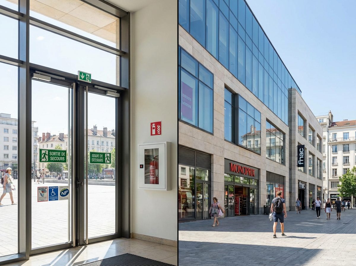 Catégories de sécurité incendie : ERP, IGH, habitation et industrie 2 Batiment commercial ERP avec signaletique de securite incendie