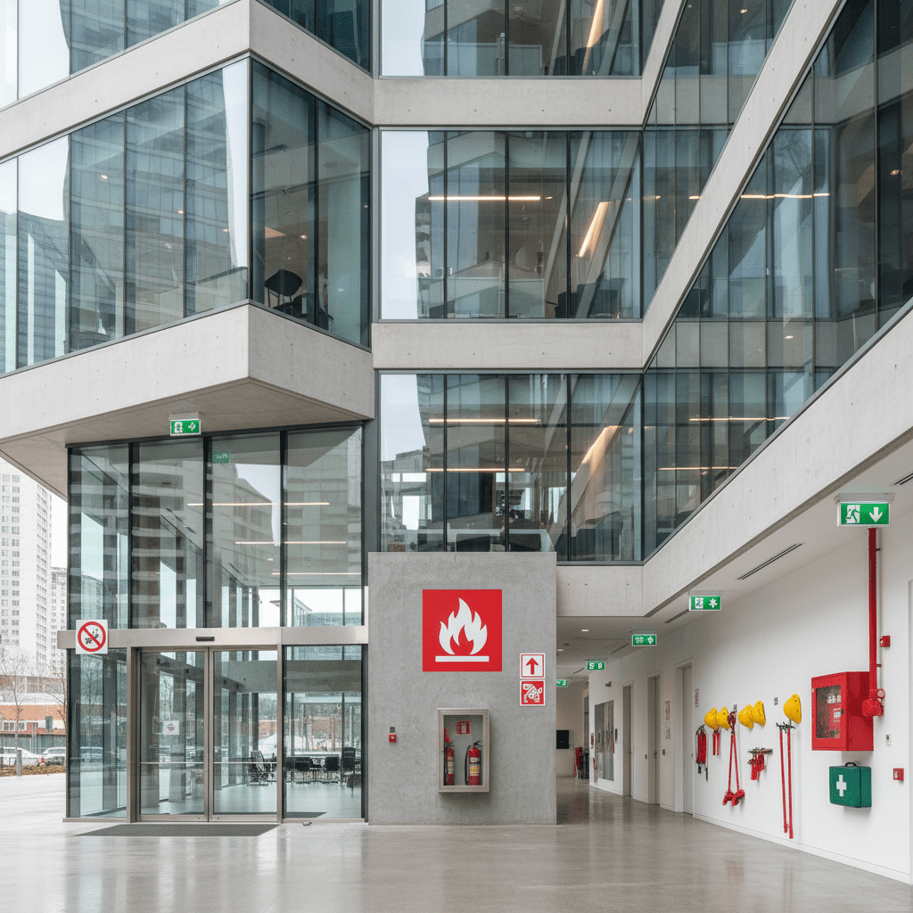 Bâtiment ERP équipé de signalisation incendie et issues de secours