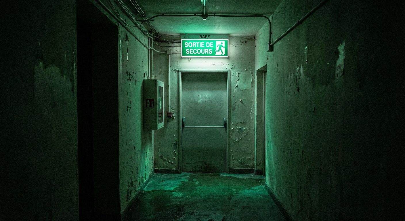 Bloc autonome d’éclairage de sécurité BAES illuminé dans un couloir sombre