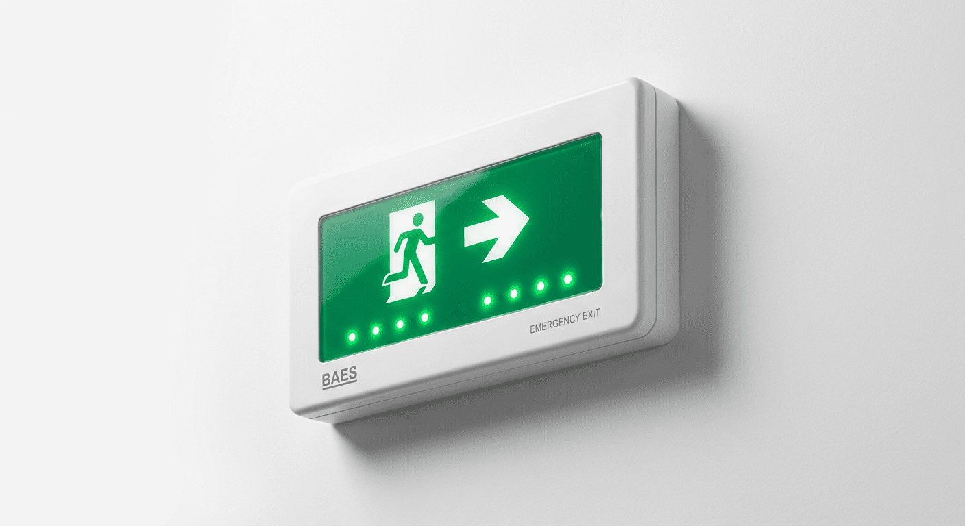 Bloc BAES LED avec pictogramme vert evacuation gros plan