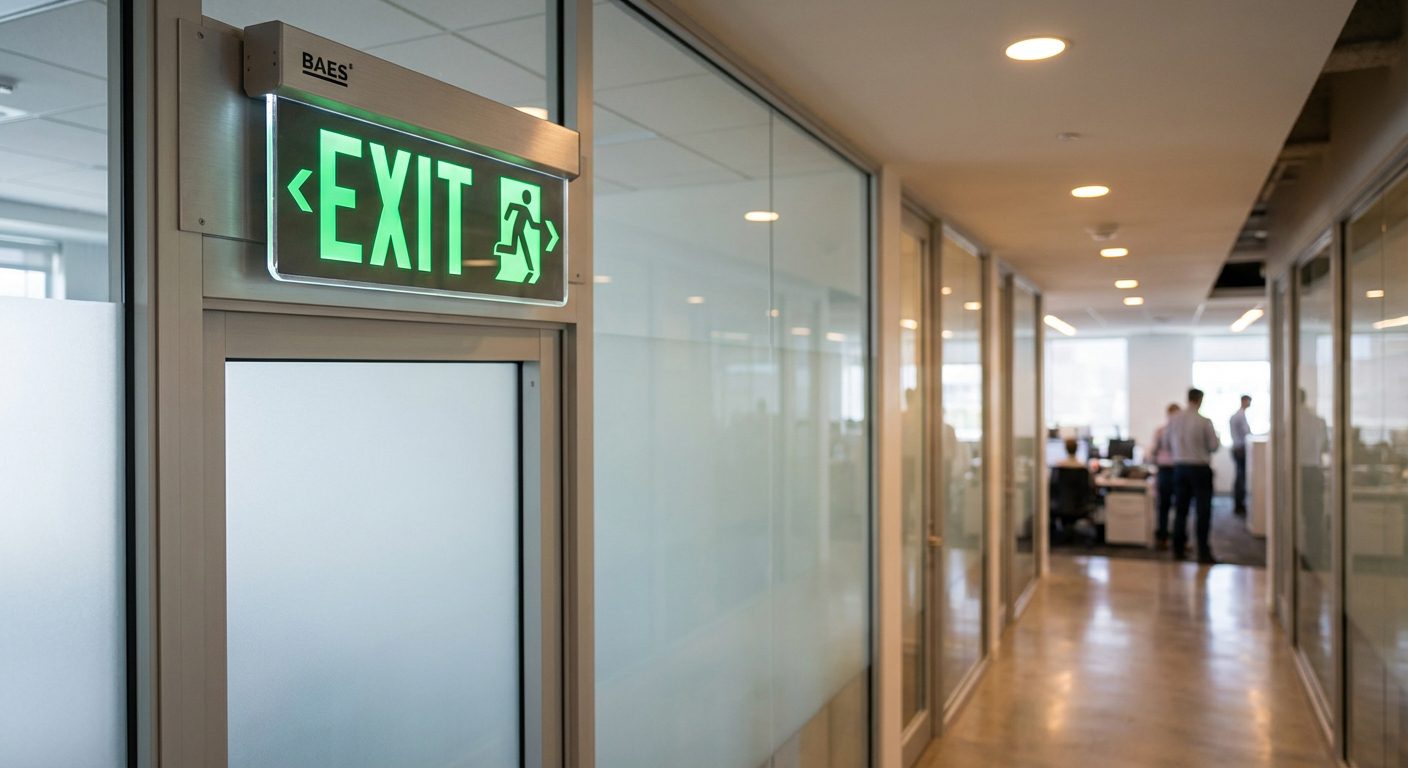 Bloc BAES lumineux vert au-dessus d'une porte de sortie de secours dans un immeuble de bureaux
