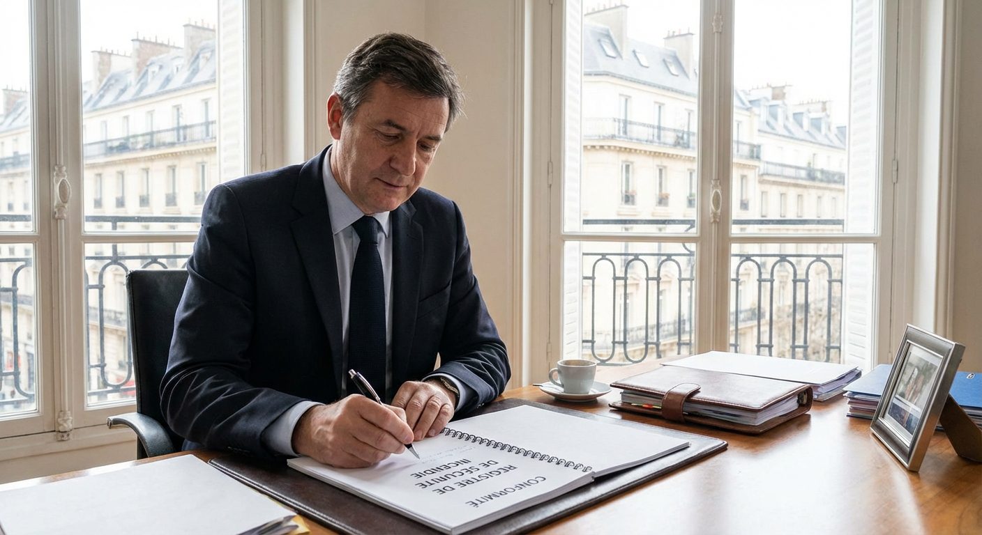 Directeur d entreprise remplissant un registre de securite incendie