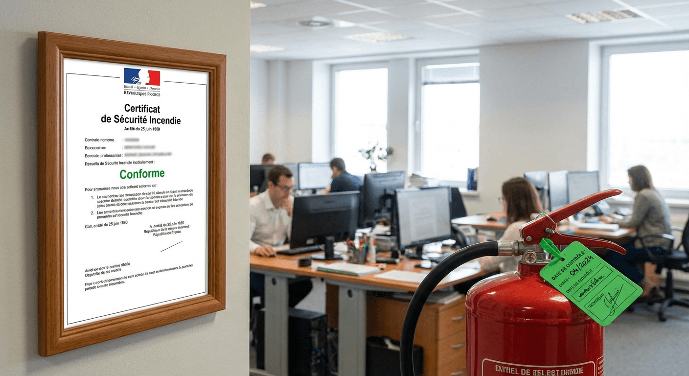 Certificat de vérification extincteur conforme affiché dans une entreprise