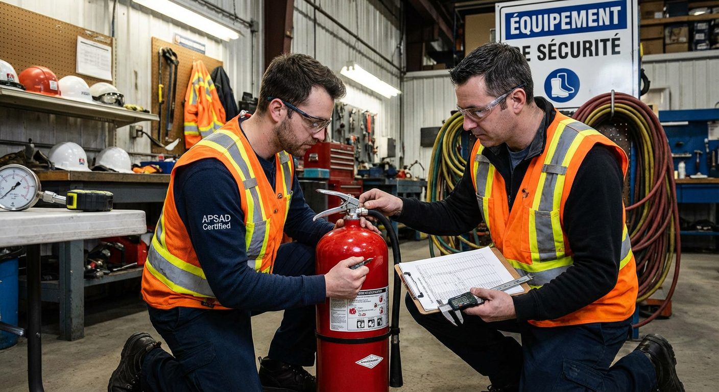 Technicien certifie effectuant controle complet extincteur avec checklist