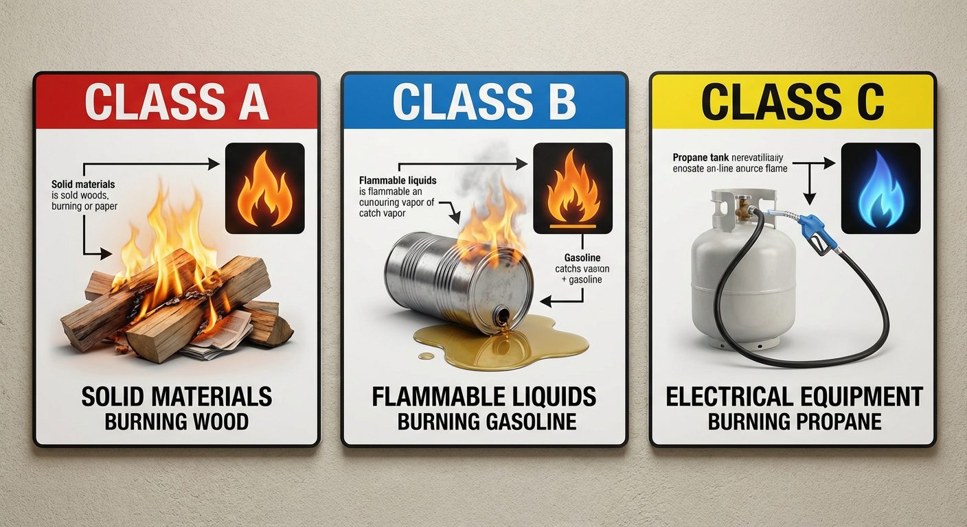 Les trois classes de feu A, B et C couvertes par un extincteur ABC
