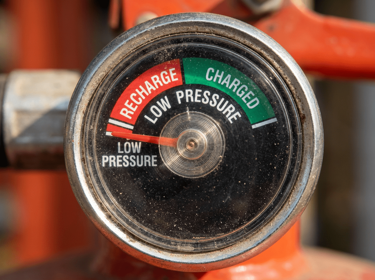Manomètre d'extincteur avec aiguille dans la zone rouge indiquant une pression insuffisante