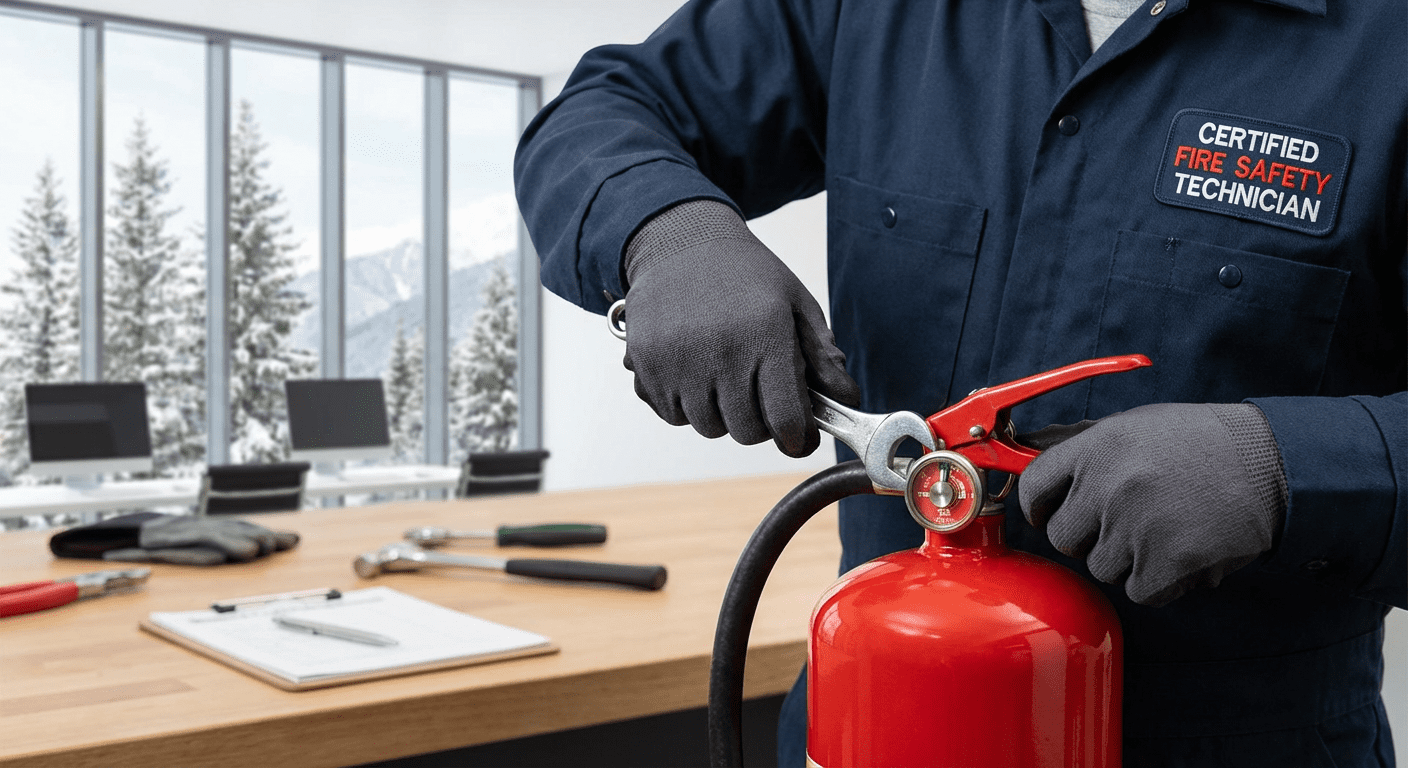 Technicien certifie verifiant la pression d'un extincteur lors d'un entretien annuel en Isere