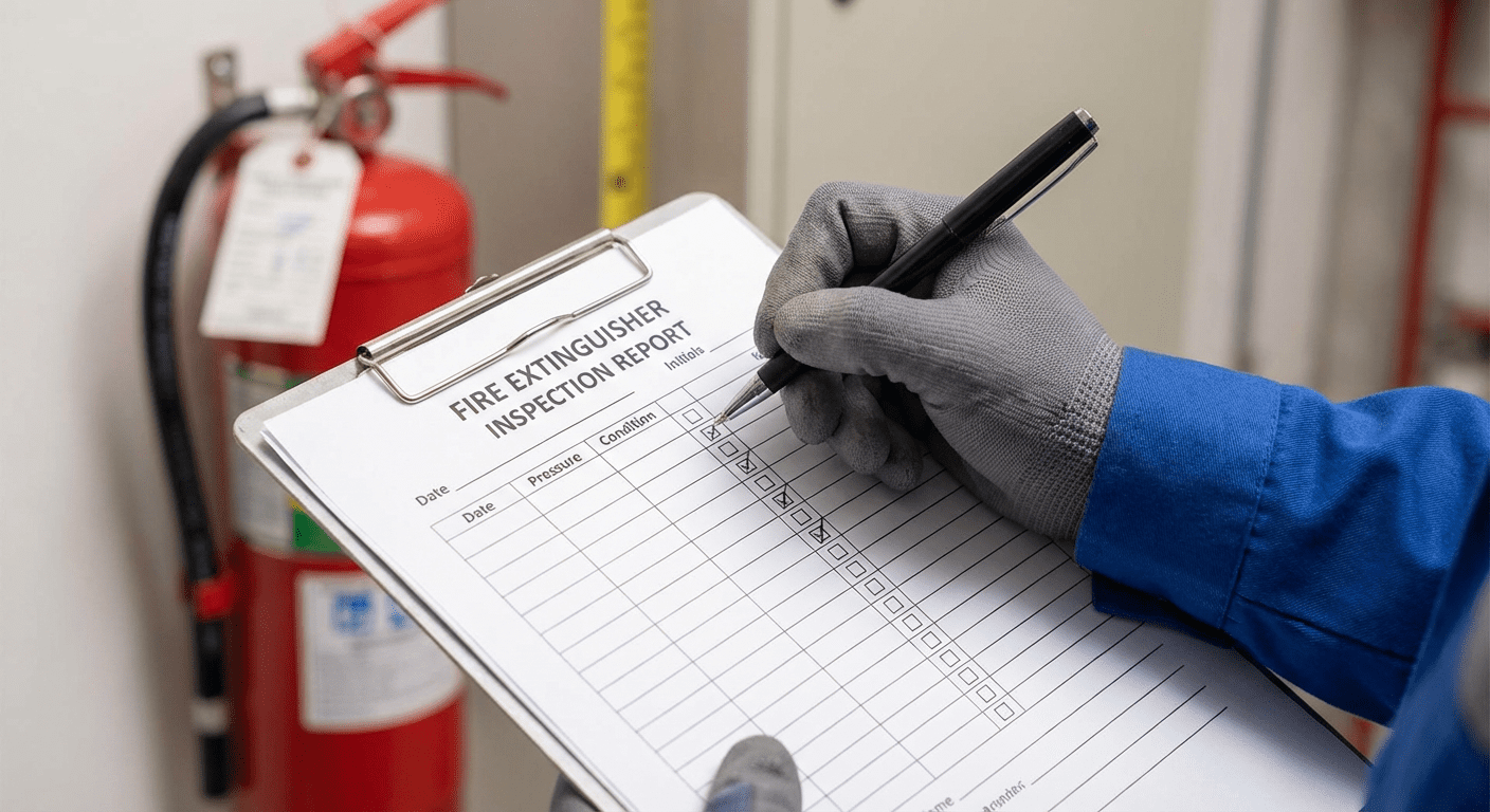 Main technicien cochant checklist verification extincteur point par point